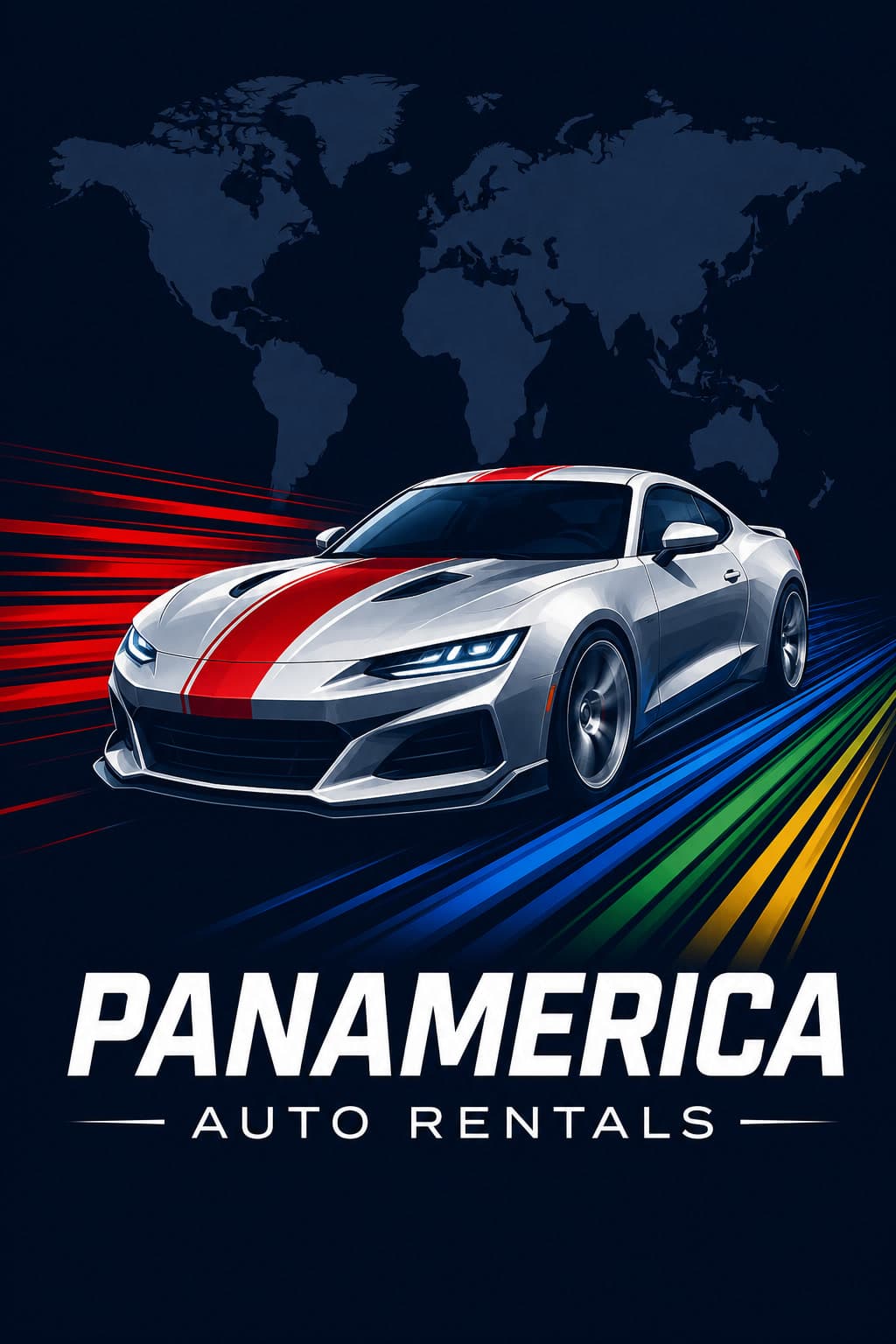 Panamerica Auto Rentals logo: silver sports coupe with a red stripe, speed streaks, and white wordmark